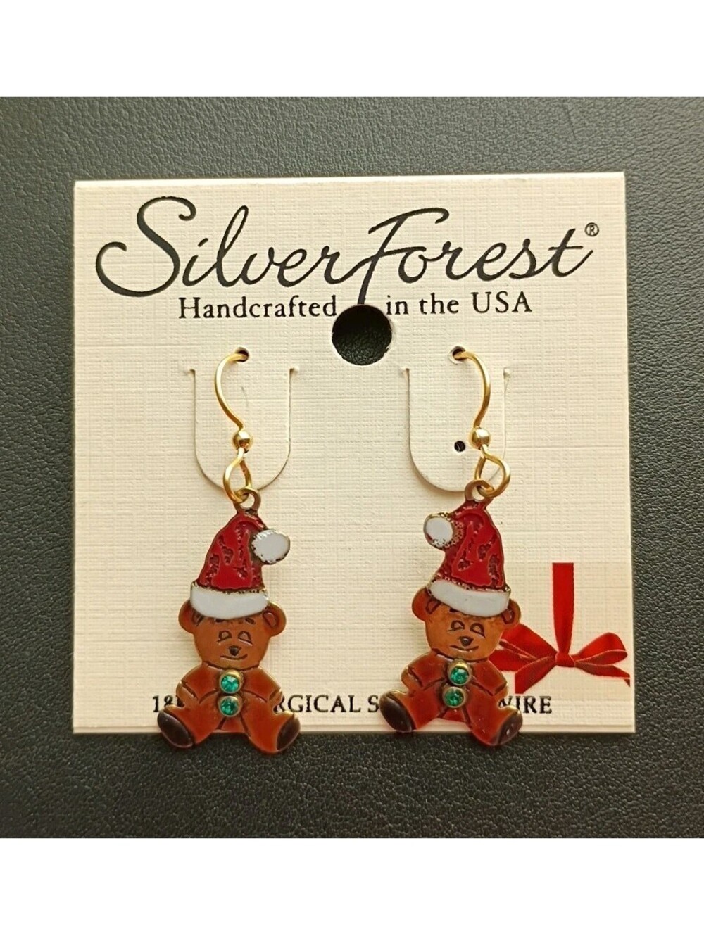 Silver Forest Teddy Bear Drop Earrings Christmas Santa Hat Rhinestone Enamel